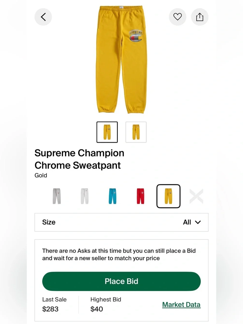 Supreme Champion Chrome Sweatpants in Gold *AUTHENTIC & RARE*